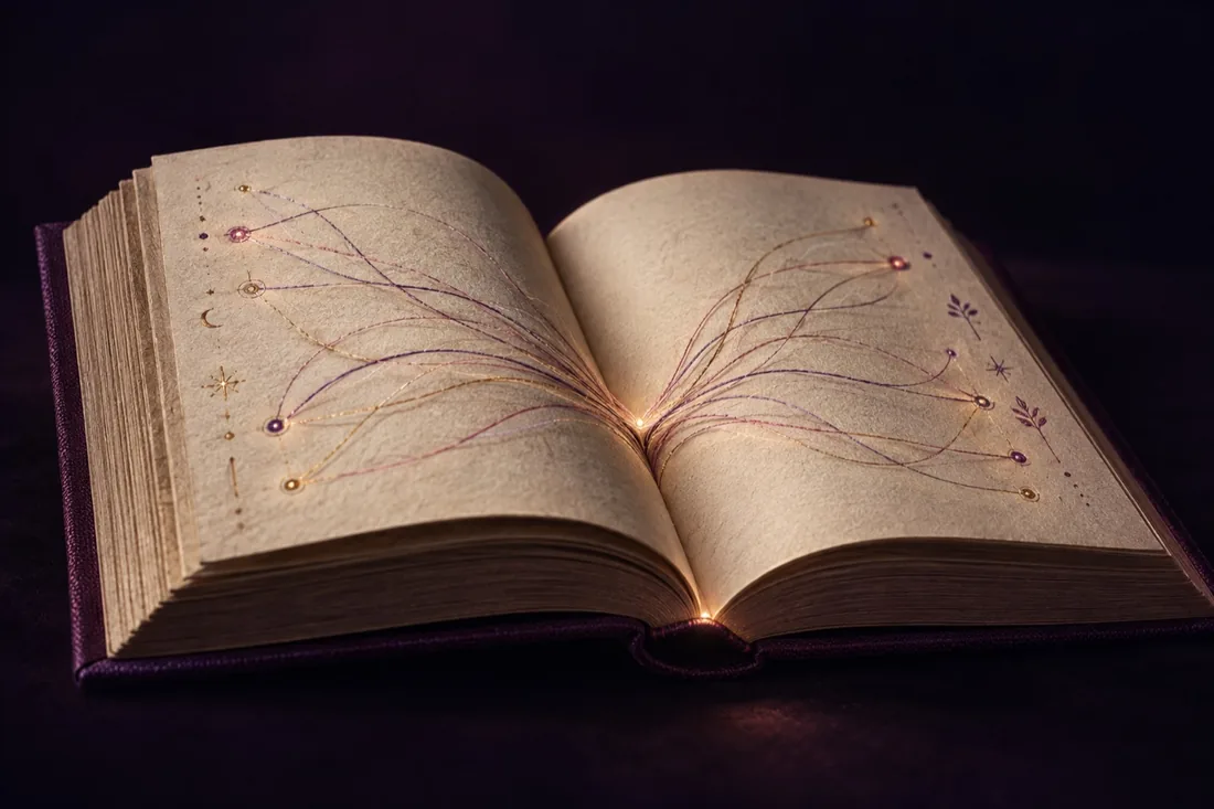 Fine violet and gold threads connect illuminated points across the pages of an open book.