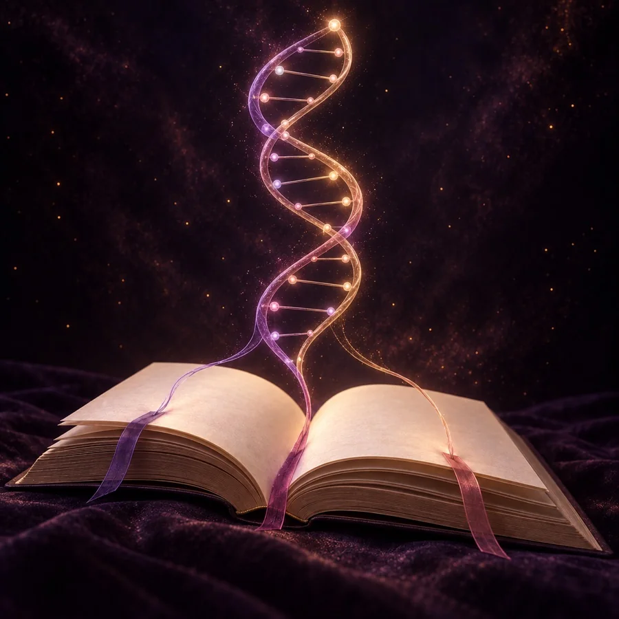 Violet and gold threads rise from the pages of an open book, forming a glowing DNA double helix.