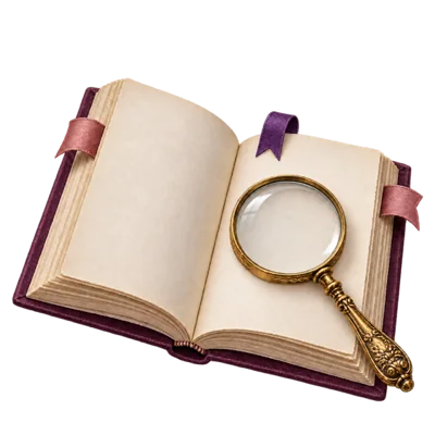 An open book with ribbon tabs and an antique-gold magnifying glass.