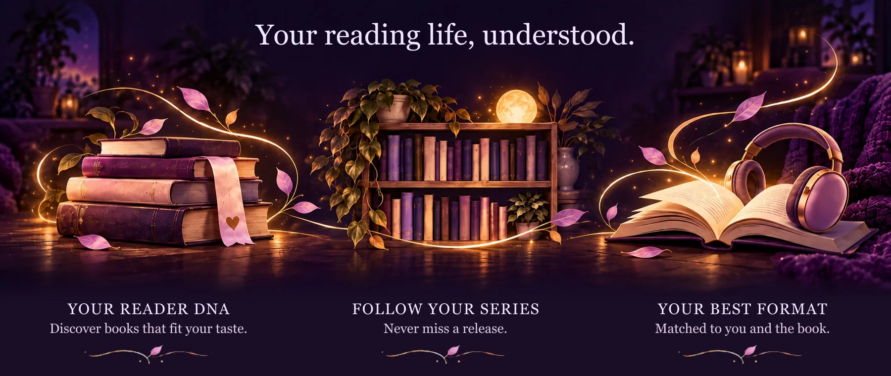 Your reading life, understood. Your Reader DNA: discover books that fit your taste. Follow your series: never miss a release. Your best format: matched to you and the book.