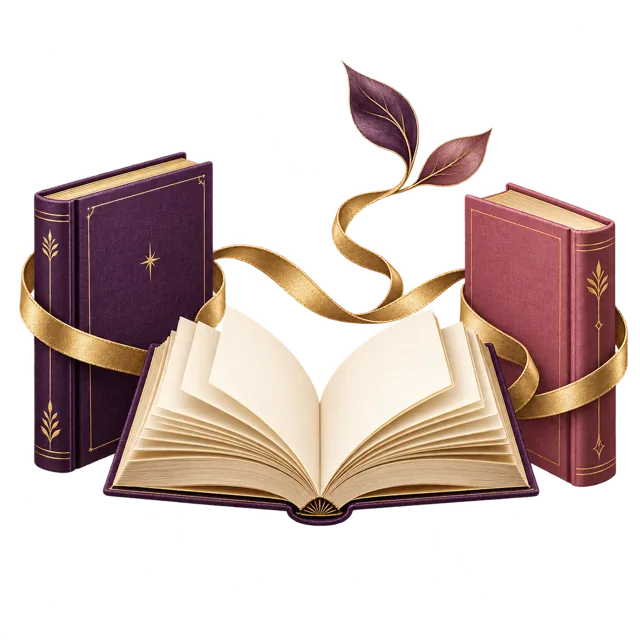 Three books linked by a gold ribbon that curls into rose and violet leaves.