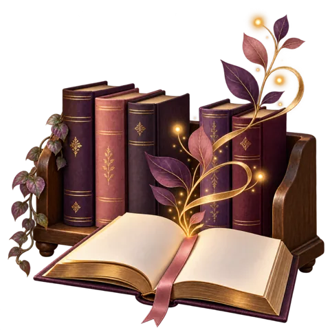 A little bookshelf with a golden swirl rising from an open book